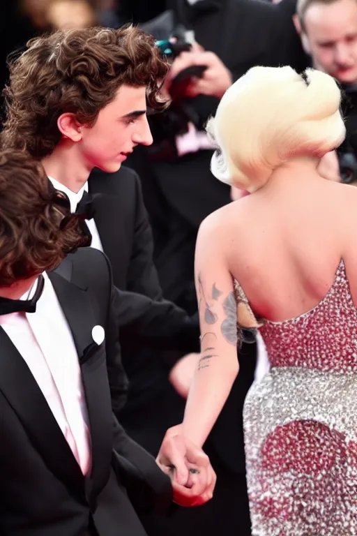 Image similar to timothee chalamet and lady gaga holding hands on the red carpet, beautiful detailed faces, high resolution, 4 k 8 k