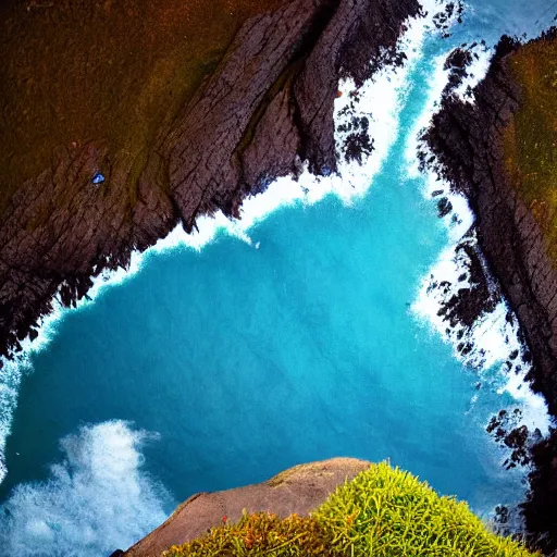 Prompt: deep blue, blue hour, early night, deep blue atmosphere, overcast, low light, black and blue sky, sundown, scattered islands, sea, ocean, low pressure system, cloud with eye, very windy, late evening, distant hotel retreat on cliffside, shining lights on cliff side, polaroid photograph