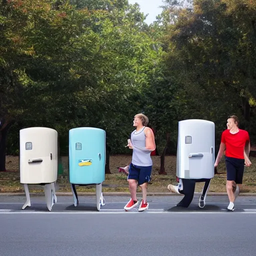 Prompt: refrigerator walking running jogging down the street