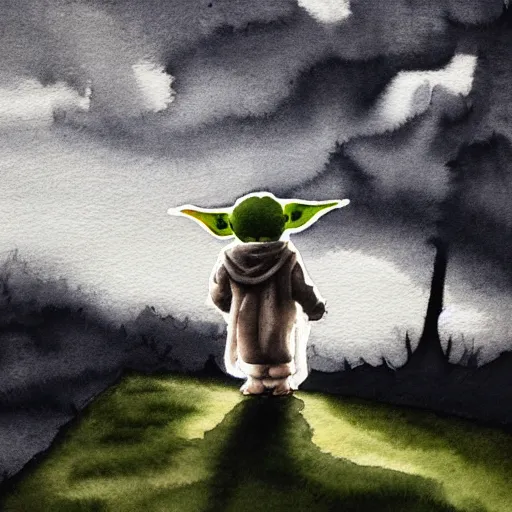 Prompt: view from above, shot from 5 0 feet distance, baby yoda on a well lit path in a dimly lit forest. dramatic clouds, setting sun, watercolor and ink, muted color. minimalist, detailed ue 5