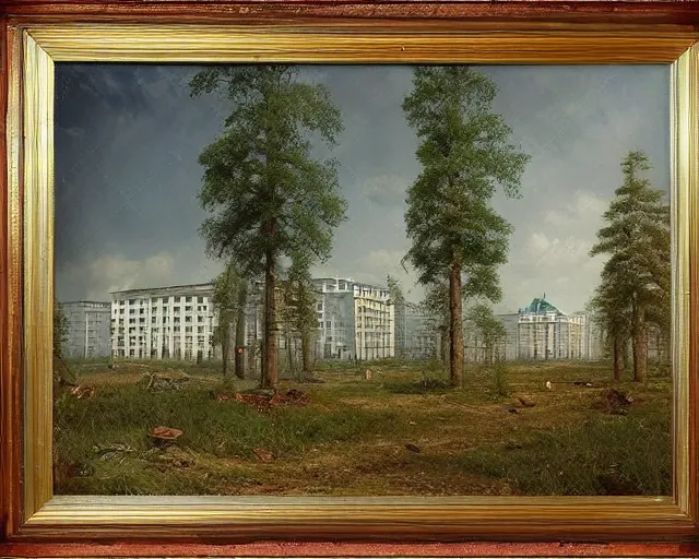 Image similar to beautiful matte painting of cute soviet block of flats hrushevka in end of forest by ivan shishkin