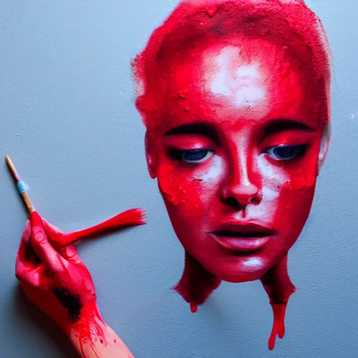 Image similar to dripping red paint across the shape of a female human, realistic , high detail, on a white background