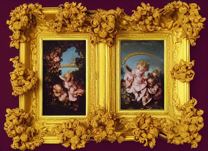 Prompt: a house with walls made out of cheeto's, flowers around the cheeto's, cherubs in the air, a painting in the baroque style, a painting in the rococo style, ornate golden frame