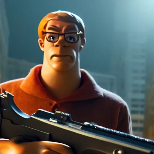 Image similar to scooby doo holding a gun, film still from the movie directed by denis villeneuve with art direction by bill ward, wide lens