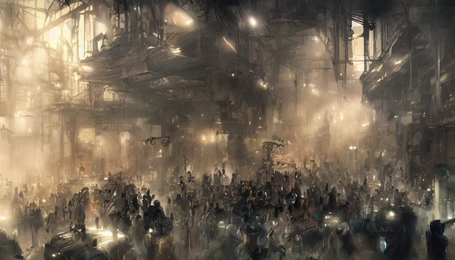 Prompt: Cabaret in a Dieselpunk city, steam, sexy robot dancers, epic composition, intricate, elegant, volumetric lighting, digital painting, highly detailed, artstation, sharp focus, illustration, concept art, ruan jia, steve mccurry