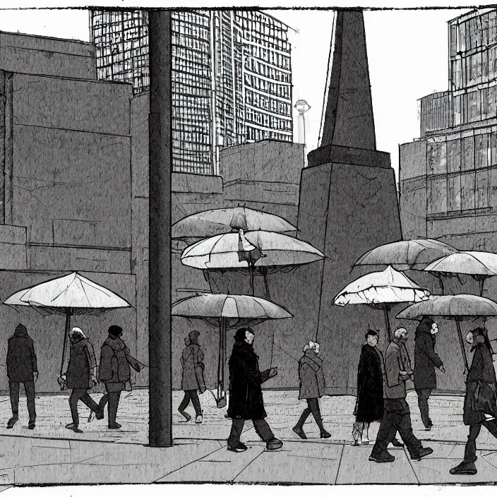 Image similar to market stall with umbrellas for sale, in a square, pedestrians walk past. background of old soviet monument. storyboard, scifi cyberpunk. by gabriel hardman, joe alves, chris bonura. cinematic atmosphere, detailed and intricate, perfect anatomy