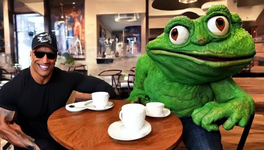 Prompt: dwayne johnson and a giant pepe the frog sitting in a coffee shop, having breakfast, pepethefrog, pepe, frog, toad, realistic, award winning photography, 8 k,
