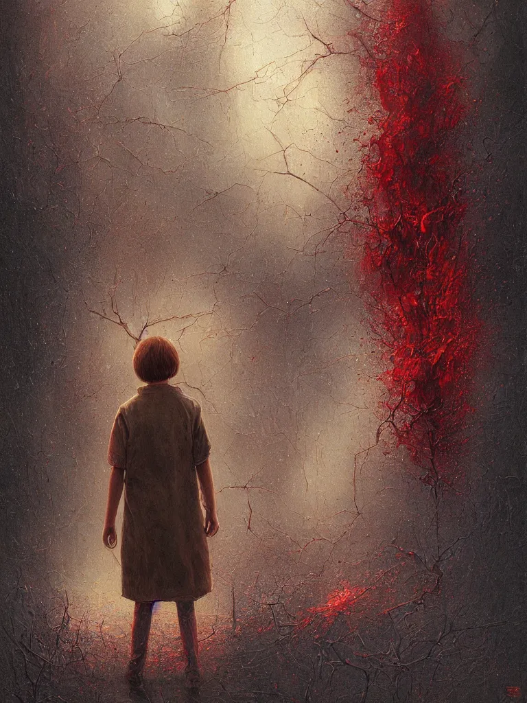 Image similar to a detailed painting with Mike Wheeler of Stranger Things being held by the red dust, rain, fear, traces by Andrew Ferez, cg society, fantasy art, biomorphic, mystical, whimsical