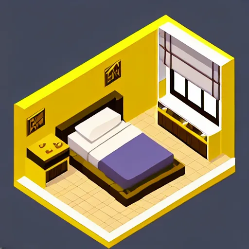Image similar to rpg maker style bedroom, rpg game style, warm yellow lighting, isometric view, isometric perspective, 3 d, comforting