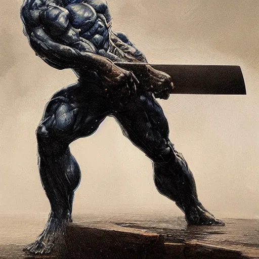 Image similar to artstation concept a midnight blue hulk jolding a meat cleaver, dusty, hyperdetailed, artstation trending, world renowned artists, worth 1 0 0 0. com, historic artworks society, antique renewel, cgsociety, by greg rutkowski, by gustave dore, deviantart