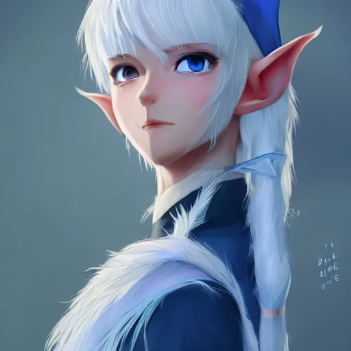 Prompt: an elf with white hair, blue eyes, wearing crow feathers. highly detailed, digital painting, artstation, matte, by makoto shinkai, animation style