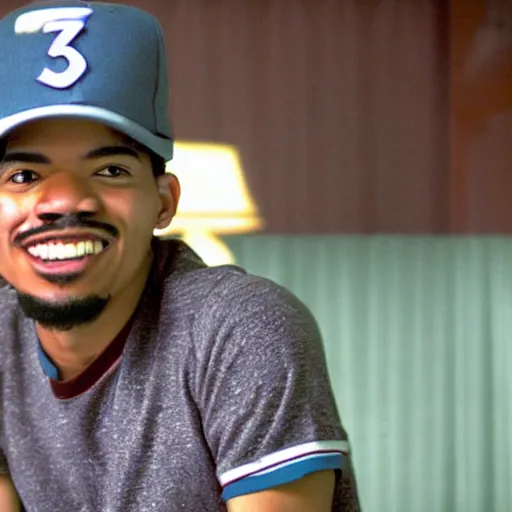 Image similar to a tv still of Chance The Rapper starring as a college student in a 1998 black sitcom, 40mm lens