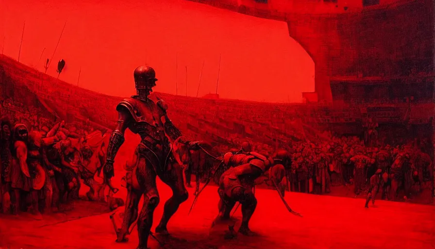 Image similar to only with red, a lightly armored gladiator in a crowded roman amphitheatre, crowd cheering, in the style of beksinski and edward hopper and rodcenko and yue minjun and artgerm, intricate and epic composition, red by caravaggio, highly detailed, masterpiece, red light, artstation, art nouveau