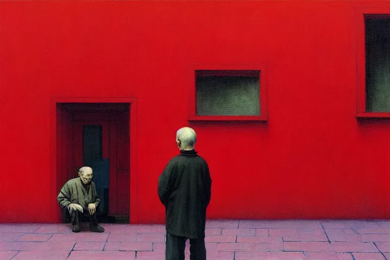 Image similar to only with red, a red old man try to sell a portrait, a crowd cheering, in a city square, in the style of beksinski, parts by edward hopper, parts by rodcenko, parts by yue minjun, intricate and epic composition, red by caravaggio, insanely quality, highly detailed, masterpiece, red light, artstation, 4 k