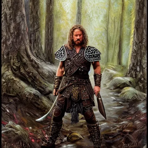 Prompt: travis fimmel in chainmail as a fantasy warrior, in the forest, oil painting, 8 k, high detail, heroic, dramatic, in the style of brom, book cover, award winning