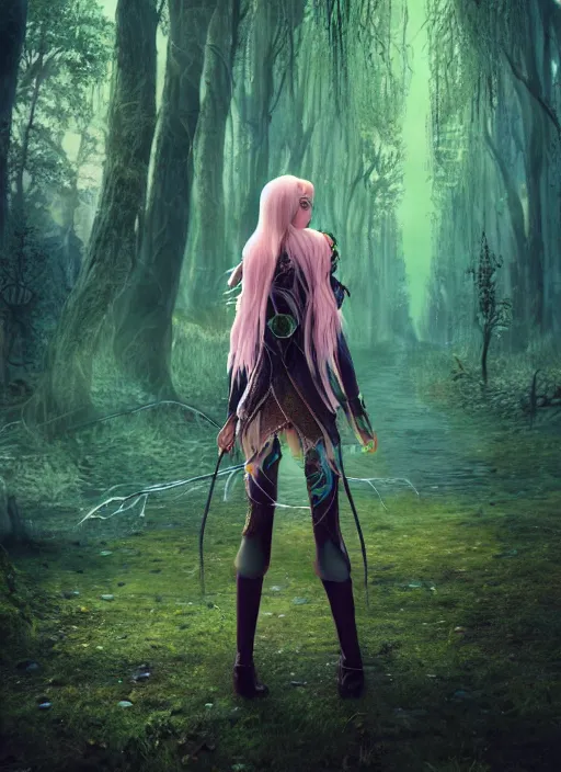 Image similar to magical forest cyberpunk, music, girl with blond long hair back view, elves, lord of the rings style, ultra detailed, trending on artstation, concept art, octane render, unreal engine,