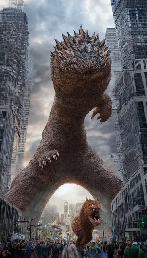 Image similar to hundreds of people running away from the giant catzilla. trending on artstation. realistic cinematography, photorealistic, photography, wide shot