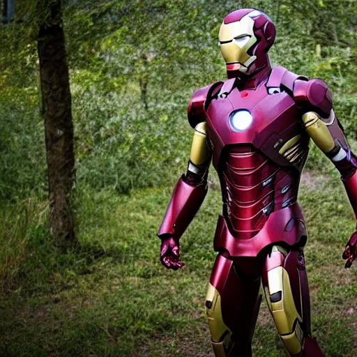 Image similar to overgrown, rusted, broken, dented, and battle damaged iron man suit, 4k realistic photo