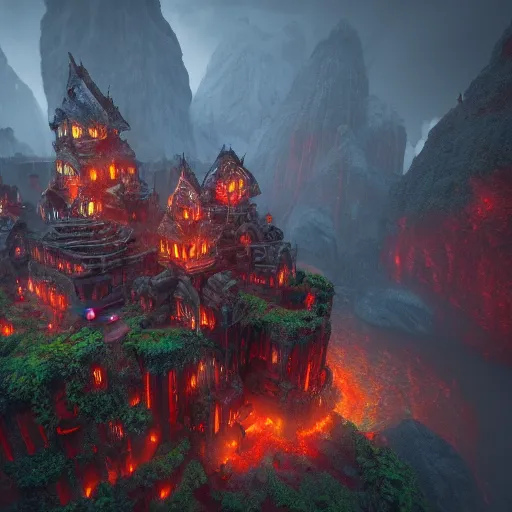 Image similar to dwarven city caught in a red violent magical storm, behrens style, unreal 5 render, fantasy digital art, octane render, beautiful composition, trending on artstation, award - winning photograph, masterpiece