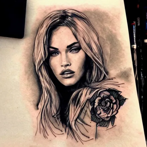 Image similar to realism tattoo sketch of double exposure megan fox, on beautiful mountain scenery, in the style of andrey lukovnikov