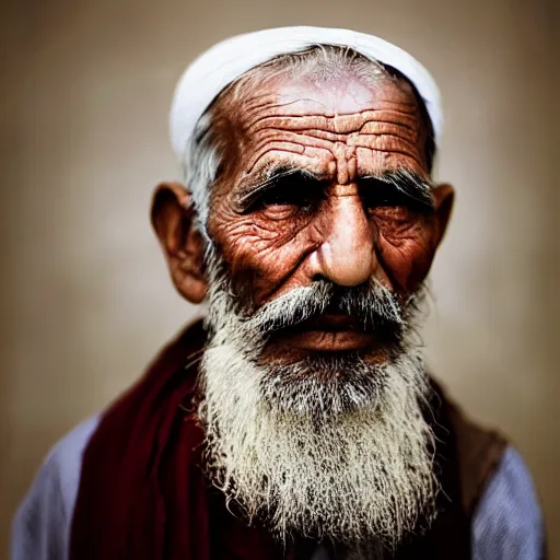 Prompt: color photo, portrait of 80 year old afghan man by alec soth, realistic, Leica, medium format, cinematic lighting, parallax, high resolution,
