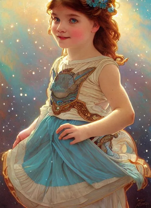 Prompt: a cute little girl with a round cherubic face, blue eyes, and short wavy light brown hair smiles as she floats in space with stars all around her. She is wearing a turquoise dress. Beautiful painting by Artgerm and Greg Rutkowski and Alphonse Mucha