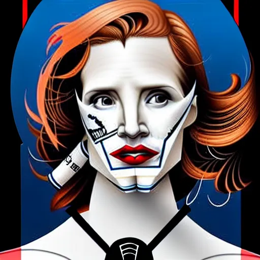 Prompt: a profile photo of a jessica chastain woman with a diving oxygen mask with side profile blood in ocean intricate details by MARVEL comics and Sandra Chevrier-C