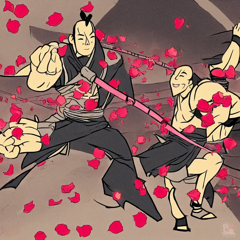 Prompt: cartoon of cyber samurai fighting in an old temple at night, rose petals being blown by the wind, studio lighting, drawn by genndy tartakovsky