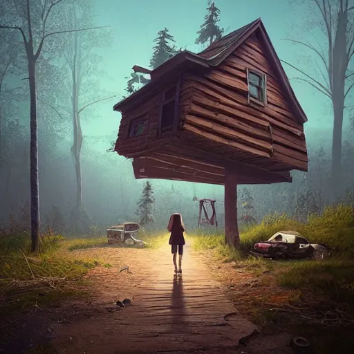 Image similar to woman leaving her wooden broken house by simon stålenhag, very highly detailed, award winning, rendered by Beeple, by Makoto Shinkai, syd meade, starwars, space art concept, digital art, unreal engine, blender, WLOP, trending on artstation, 4K UHD image, octane render