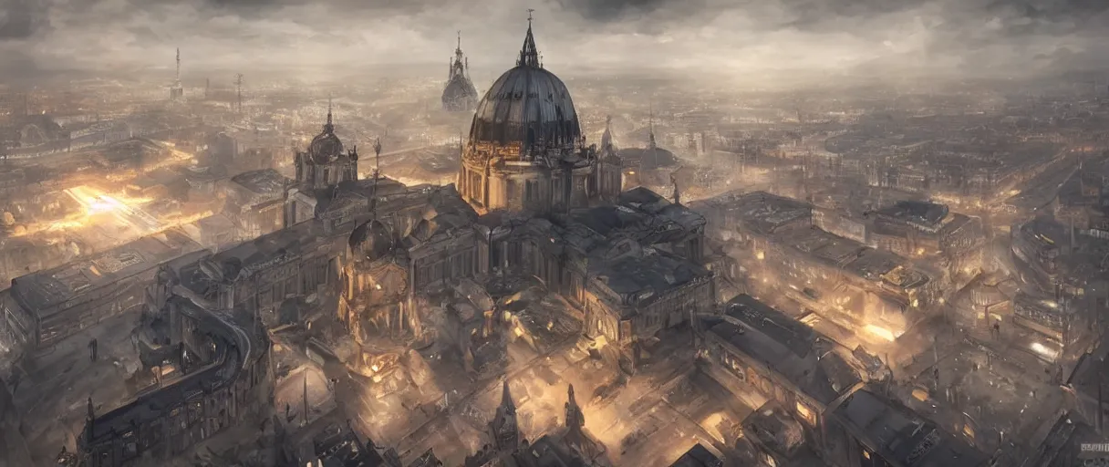 Image similar to futuristic nazi german city, Berlin cathedral, concept art, digital painting, style of jordan grimmer, futuristic, volumetric lighting, view from above, symmetrical