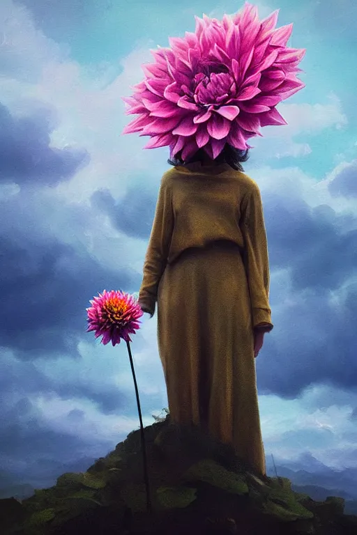 Image similar to closeup girl with giant dahlia flower as head, standing on mountain, surreal photography, blue storm clouds, dramatic light, impressionist painting, digital painting, artstation, simon stalenhag