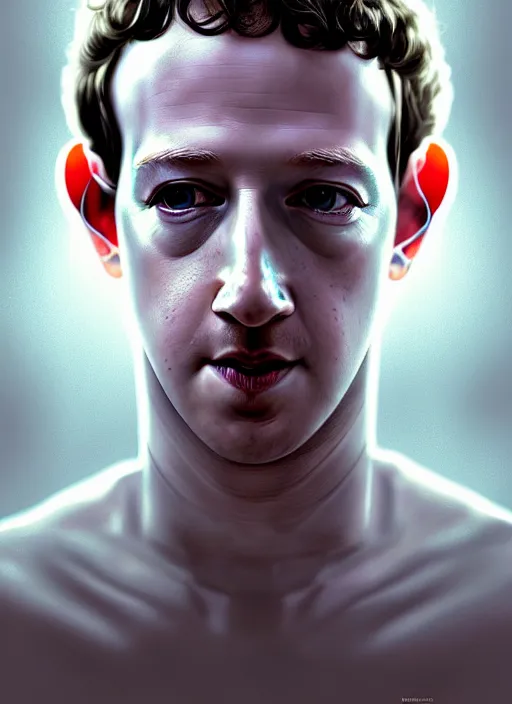 Prompt: mark zuckerberg as male android!, white plastc, wires, lifeless, dead eyes, portrait, intricate, elegant, highly detailed, digital painting, artstation, concept art, wallpaper, smooth, sharp focus, illustration, art by h. r. giger and artgerm and greg rutkowski and alphonse mucha