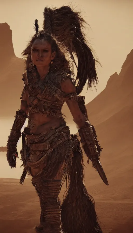 Image similar to solo ancient tribewoman standing against army, partially destroyed armor inspired monster hunter, low shot camera, muscular, symmetrical face, clean face, subtle make up, dramatic lighting, cinematic, establishing shot, extremely high detail, photorealistic, 300 the movie,monster hunter the movie, dune the movie, cinematic lighting, artstation, octane render, western,old photo, vintage, dust and destruction happening around her, freeze time