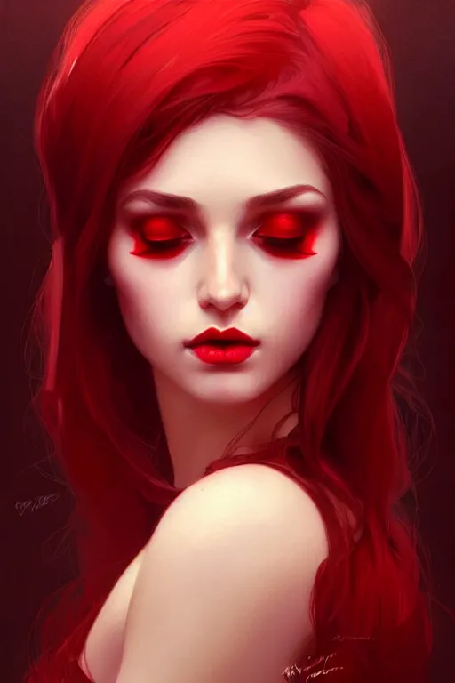 Image similar to a beautiful girl with red makeup in the eyes, fantasy, portrait, sharp focus, intricate, elegant, digital painting, artstation, matte, highly detailed, concept art, illustration, ambient lighting, art by ilya kuvshinov, artgerm, Alphonse mucha, and Greg Rutkowski