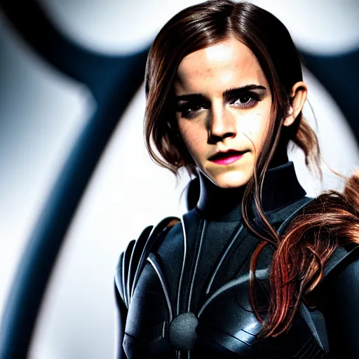 Image similar to Emma Watson modeling as Raven from X-men from Zelda, (EOS 5DS R, ISO100, f/8, 1/125, 84mm, postprocessed, crisp face, facial features)