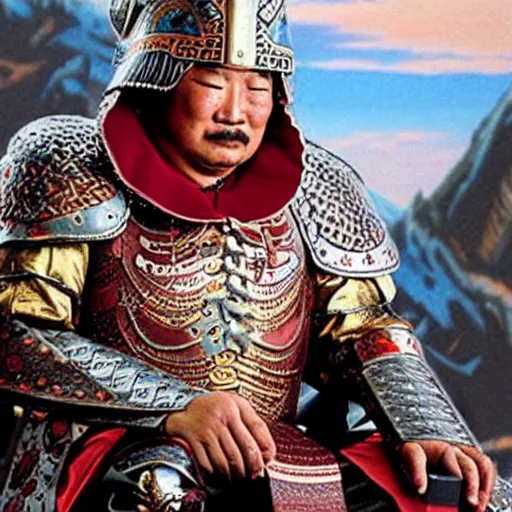 Image similar to Genghis Khan dressed in full armor plays his Nintendo DS while crying cause he’s bad at Pokemon