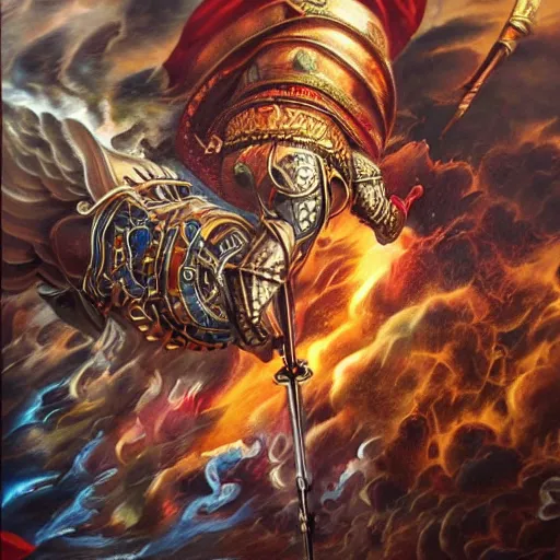 Image similar to battle between gods of all religions, airbrush painting, illustration, intricate detail, award winning work,