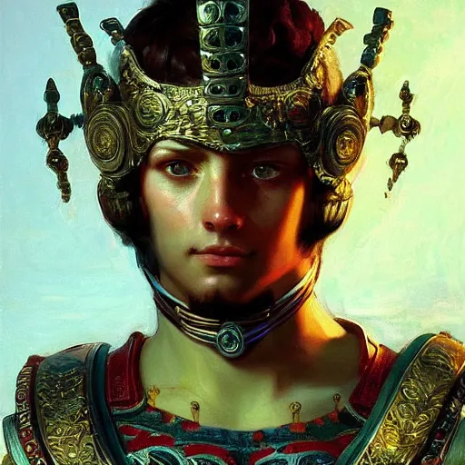 Image similar to portrait of an ancient roman character in incredible rich ornate armor, by ilya kuvshinov, by thomas lawrence, by bayard wu, trending on artstation, green, masterpiece