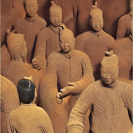 Image similar to A performance art. A rip in spacetime. Did this device in her hand open a portal to another dimension or reality?! terracotta warriors by Jean Delville, by William Gropper rigorous, ornate