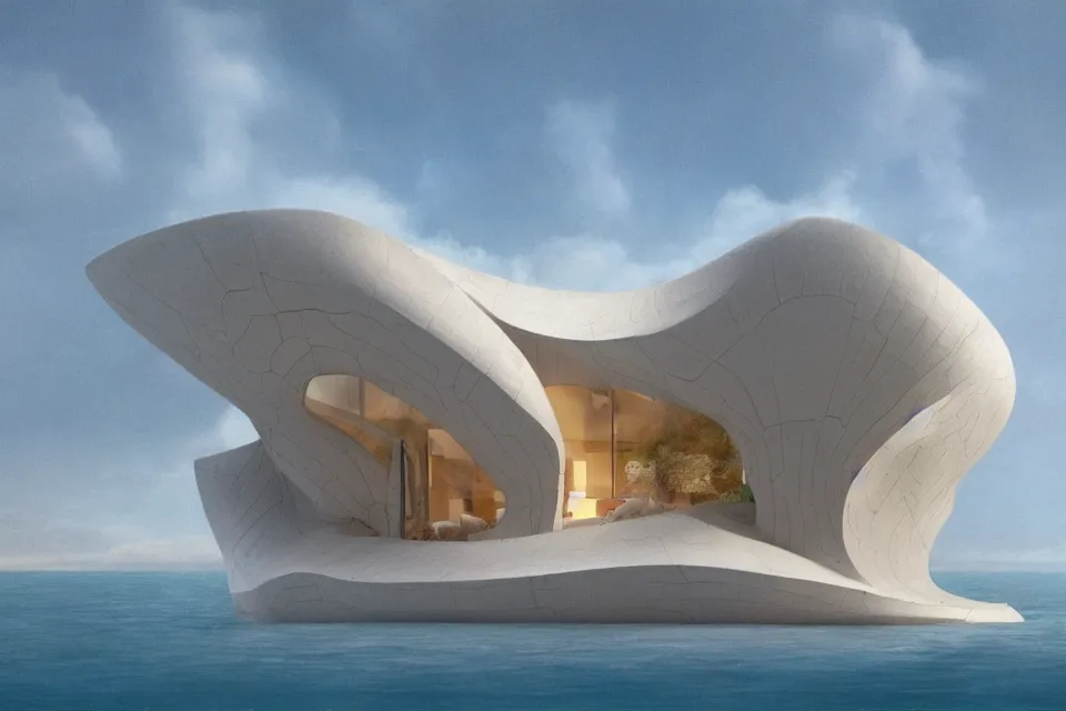 Image similar to a seashell house designed by snohetta, pinted in the style of john harris and moebius