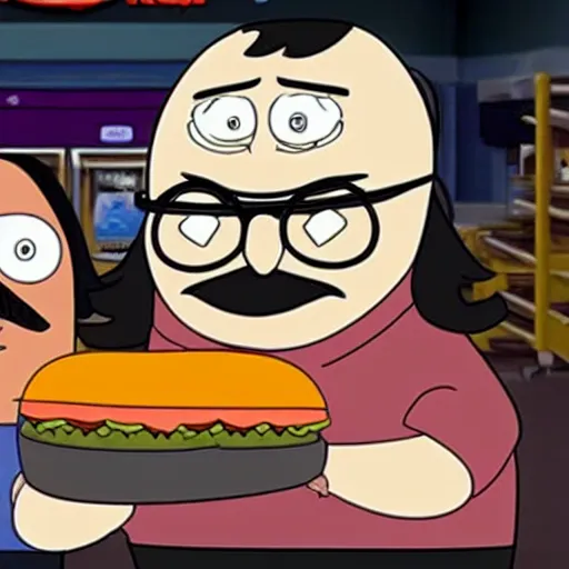 Image similar to if bob belcher from tv show bob's burgers was real and worked at burger king