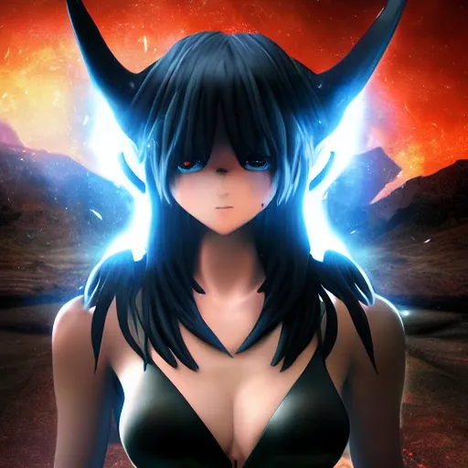 Image similar to portrait focus of a very hot!!! demon 3D anime girl, Obsidian armor wearing, dark volcano background, ash falling, {perfect face}, bokeh, inspired by Masami Kurumada, digital painting, high contrast, unreal engine render, volumetric lighting, high détail