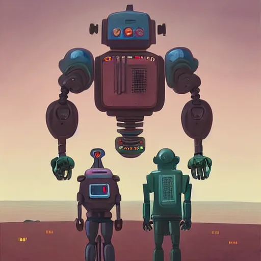 Prompt: Two men in a robot suit fighting over a heart by Simon Stålenhag