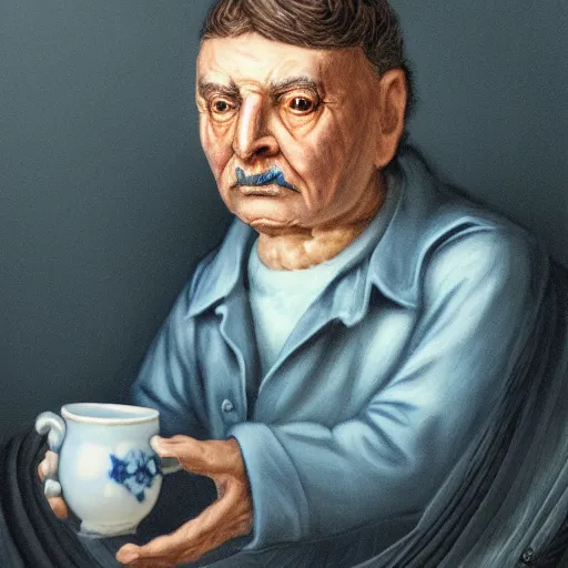 Prompt: portrait of the last living gamer by blue and white porcelain