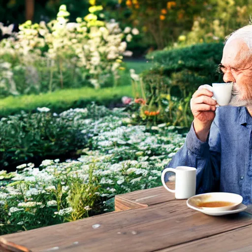 Prompt: old man drinking coffee at a small table outdoors, flower garden in the background, golden hour