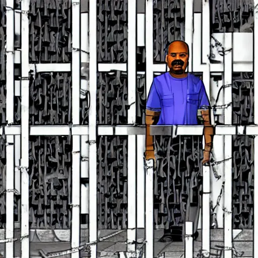 Prompt: A photograph of the viewer looking at Steve Harvey who is behind metal bars in Jail