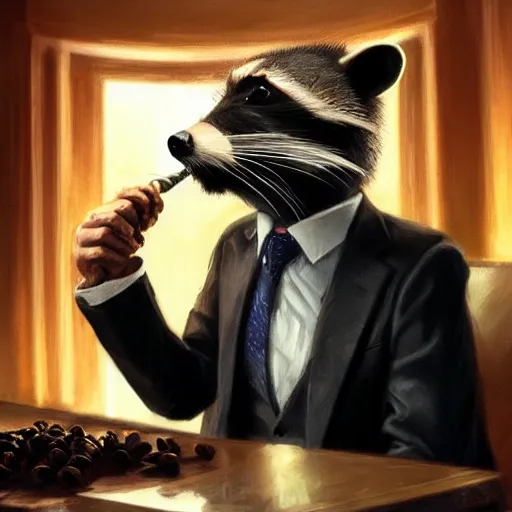 Image similar to a racoon wearing a suit smoking a cigar, dramatic lighting, cinematic, establishing shot, extremly high detail, photorealistic, cinematic lighting, artstation, style by James Gurney