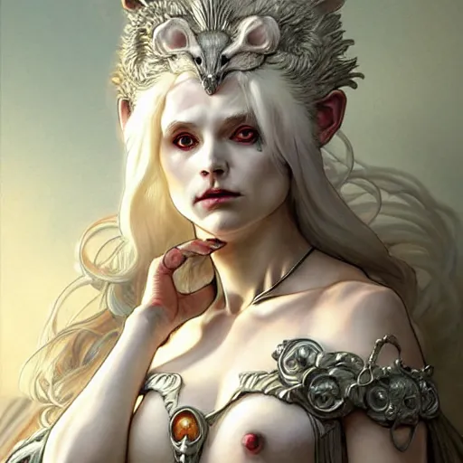 Image similar to an albino raccoon as the roman goddess of chaos!! intricate elegant, highly detailed, digital painting, artstation, concept art, smooth, sharp focus, illustration, art by ( ( ( artgerm ) ) ) and greg rutkowski! and ( ( alphonse mucha ) ), heavily influenced by frank frazetta and boris vallejo, sword and sorcery