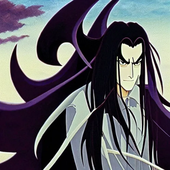 Prompt: vampire lord, long black hair, handsome, disney movie poster, animation, studio ghibli