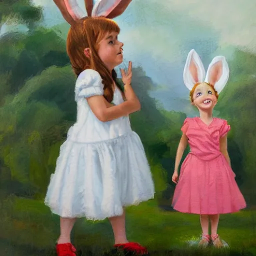 Prompt: A cute young girl with white ruffled dress and bunny ears standing straight by Claire Keane, Marc Davis, James Baxter and Mark Henn, hyperdetailed, photorealistic